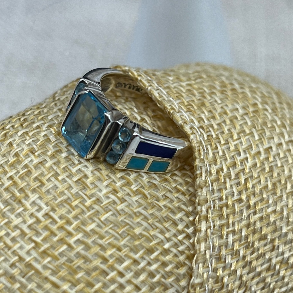 Vintage 925 Sterling Silver Turquoise Lapis Inlay Ring Size 5 - Picture 10 of 16